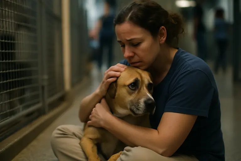A large shelter dog sitting calmly beside a handler in an outdoor yard