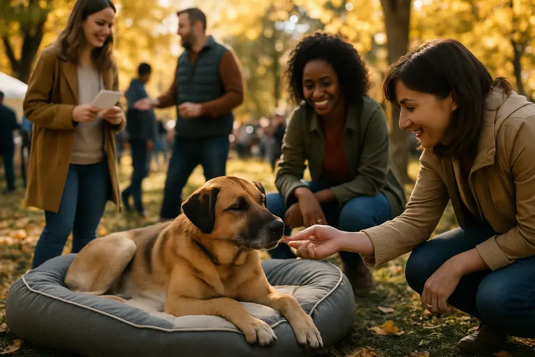 Adult shelter dog sits beside a volunteer during a quiet outdoor meet and greet