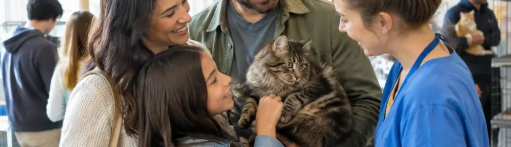cat adoptions counselor helping a family meet a calm shelter cat