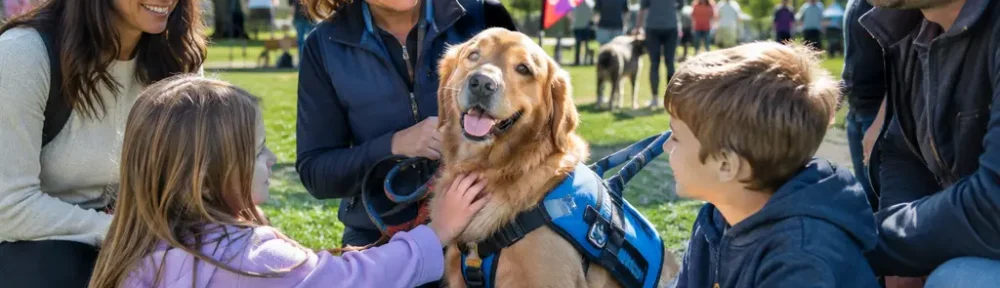 DogFest Events volunteers greeting families with leashed dogs at a community fundraiser