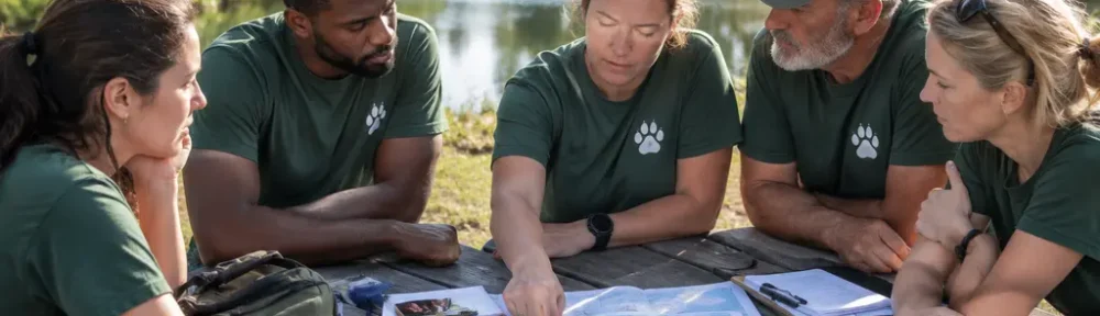 ESA rescue efforts volunteer observing restored habitat near a quiet wetland