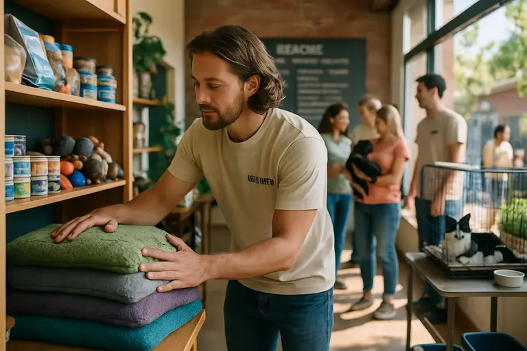 Foster caregiver preparing pet supplies in a quiet home space