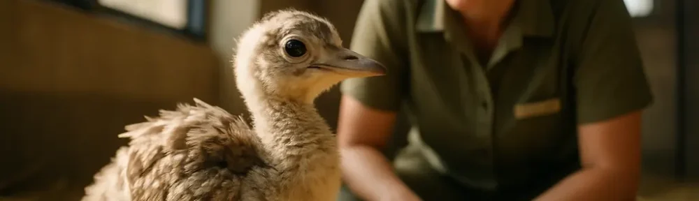 Kori bustard chick resting safely in a warm care area at Franklin Park Zoo