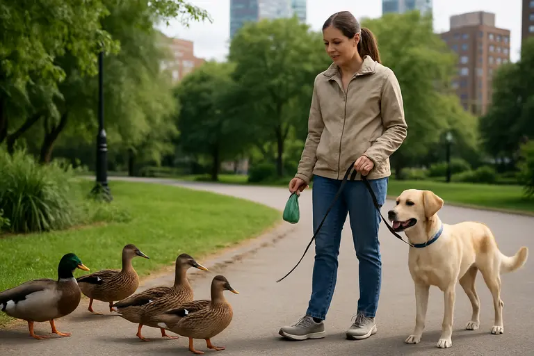 Leashed dog walks calmly on a shaded neighborhood path near trees