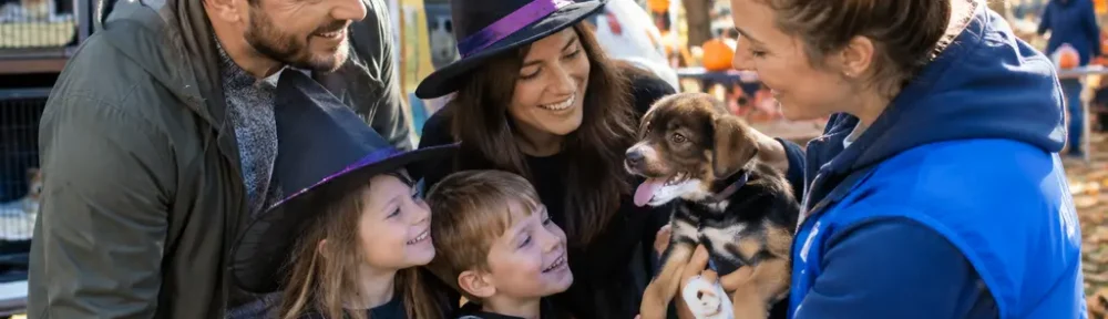 SPCA of Texas mobile adoptions booth with families meeting adoptable pets