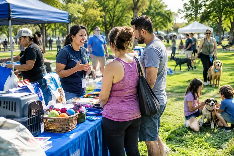 Neighbors sort donated pet food and supplies on a community table