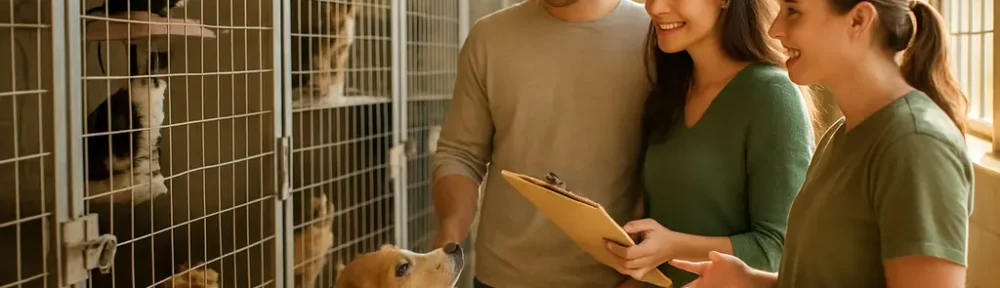 Family reviewing pet adoption costs beside a calm shelter dog