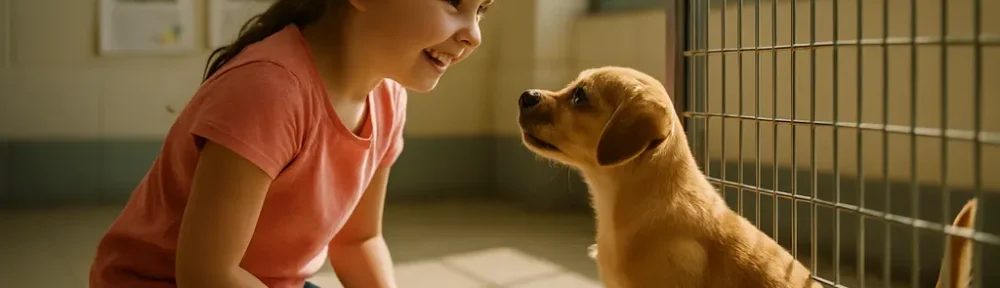 Volunteer greeting a shelter dog and cat for pet adoption data story