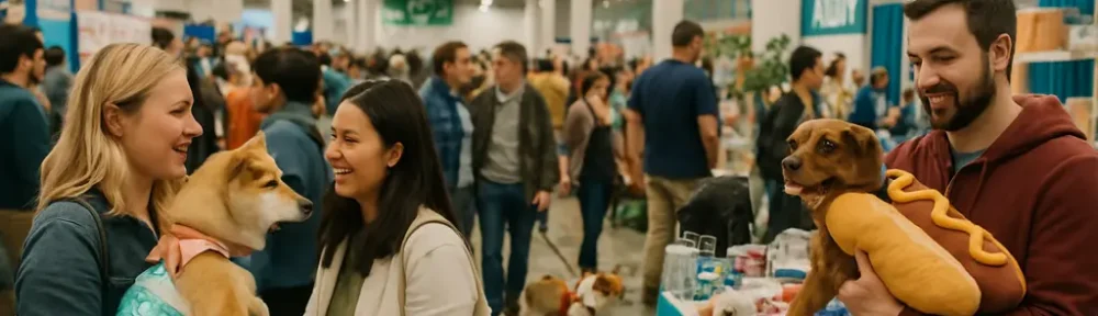 Pet Industry Events calendar beside a leash, notebook, and shelter volunteer badge