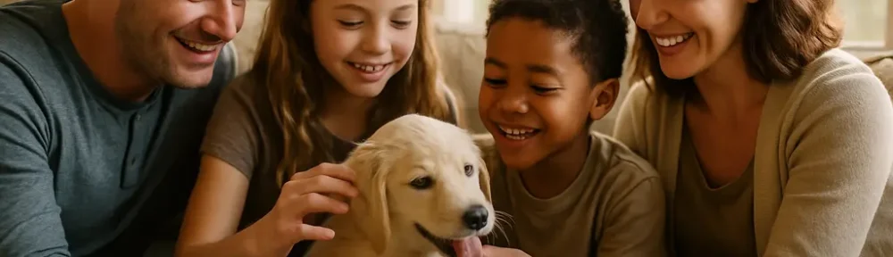 pet industry growth shown through a family reviewing adoption papers with a calm shelter dog