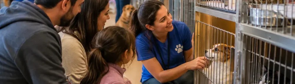 Volunteer greets adoptable dogs at San Diego Shelters during a community adoption day