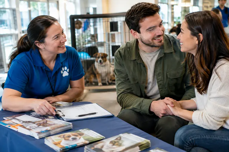 Volunteer greeting visitors near crates and adoption information at an outdoor event